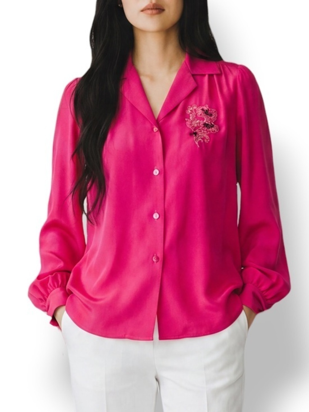 4/$20 Vintage Empire of California Fuchsia Embroidered Button-Front Blouse Top M